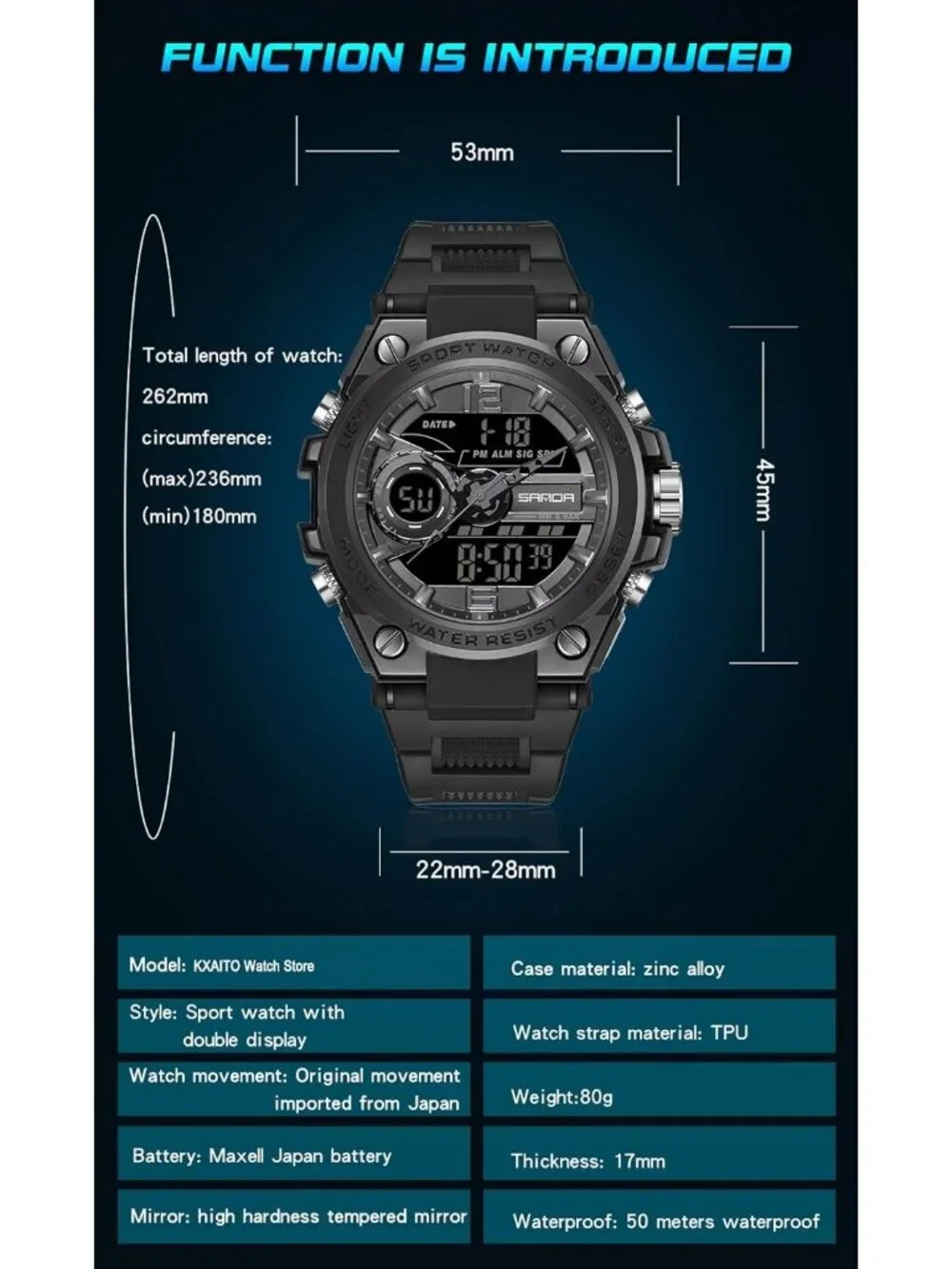 Mens All Black Analog Quartz Sport Outdoor Waterproof Military LED Digital Watch